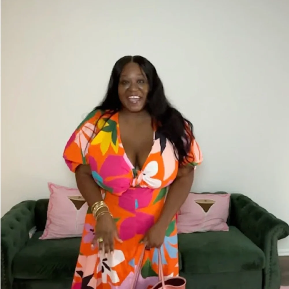 Eloquii Orange Puff Sleeve Colorful Floral Maxi Boardwalk Bloom Dress Size 16 - Picture 6 of 8